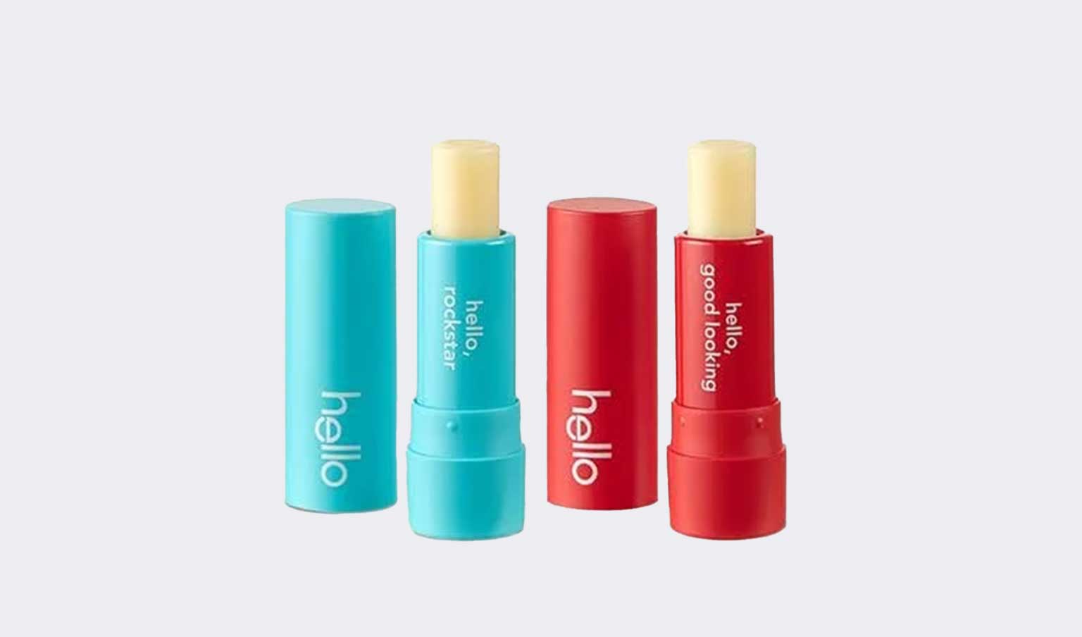 hello lip balm in red and light blue tubes on light background