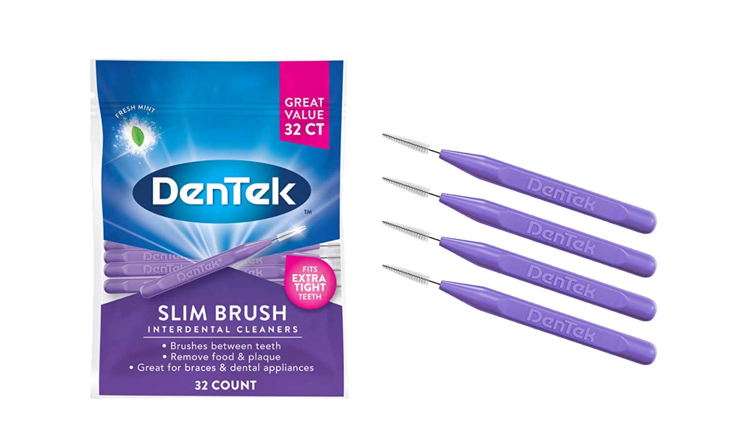 A purple and blue package of dentek interdental brushes with 4 individual brushes arranged diagonally next to it